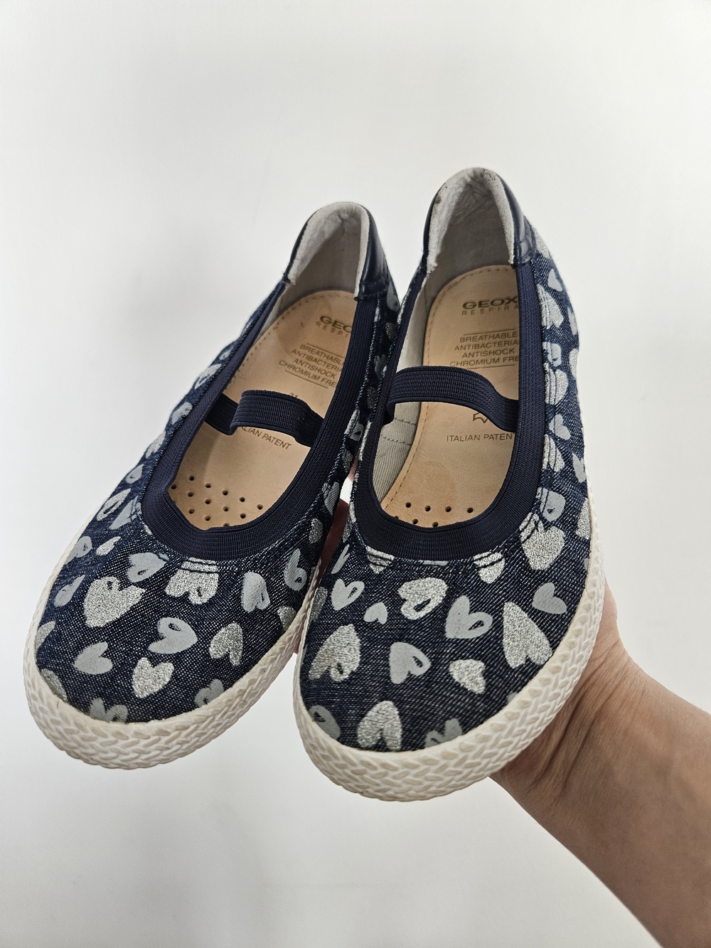 Geox Respira Girl Silver Heart Navy Blue Mary Jane Sneakers Size 31🩷